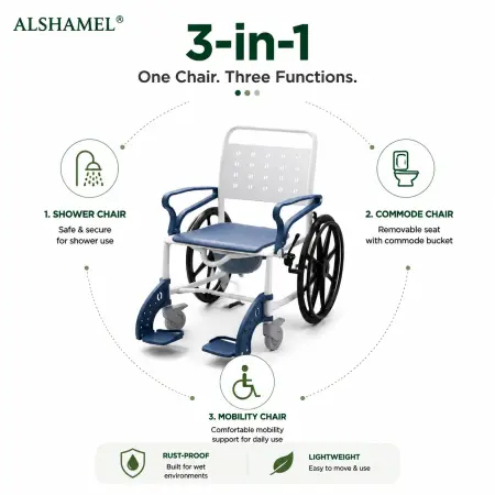 Rust-Proof 3-in-1 Shower, Commode & Mobility Wheelchair